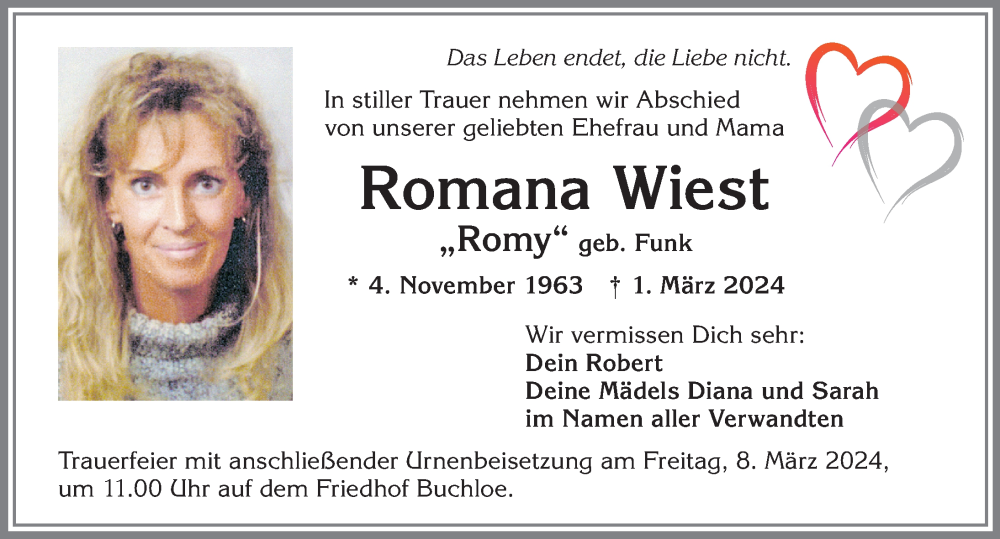 Traueranzeige von Romana Wiest von Allgäuer Zeitung, Kaufbeuren/Buchloe