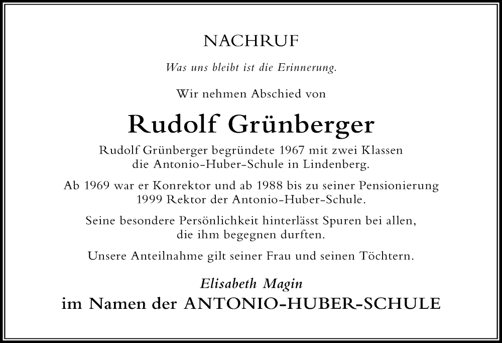 Traueranzeige von Rudolf Grünberger von Der Westallgäuer