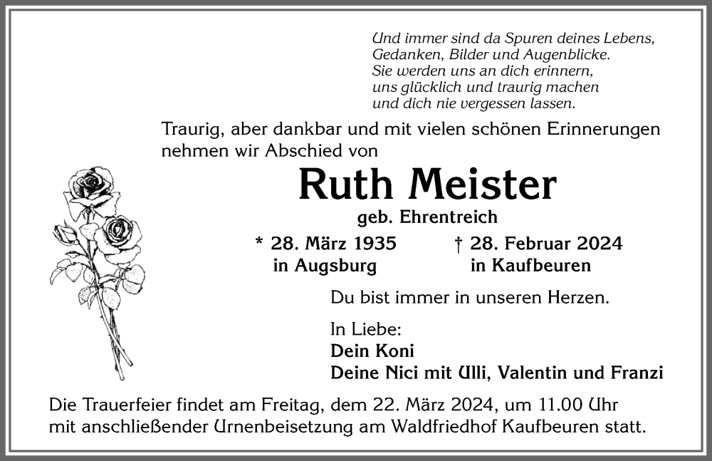 Traueranzeige von Ruth Meister von Allgäuer Zeitung, Kaufbeuren/Buchloe
