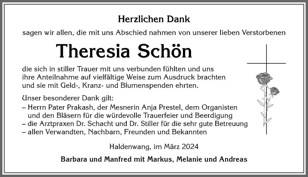 Traueranzeige von Theresia Schön von Allgäuer Zeitung,Kempten