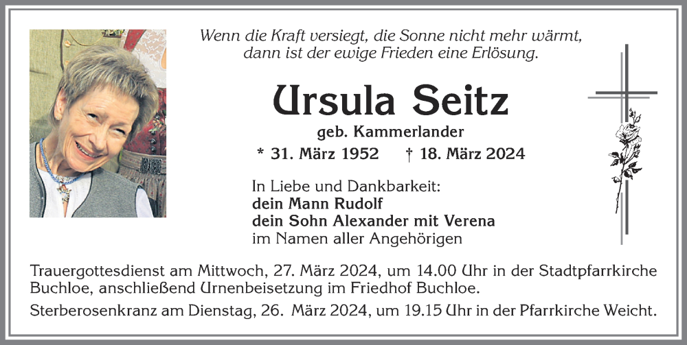 Traueranzeige von Ursula Seitz von Allgäuer Zeitung, Kaufbeuren/Buchloe