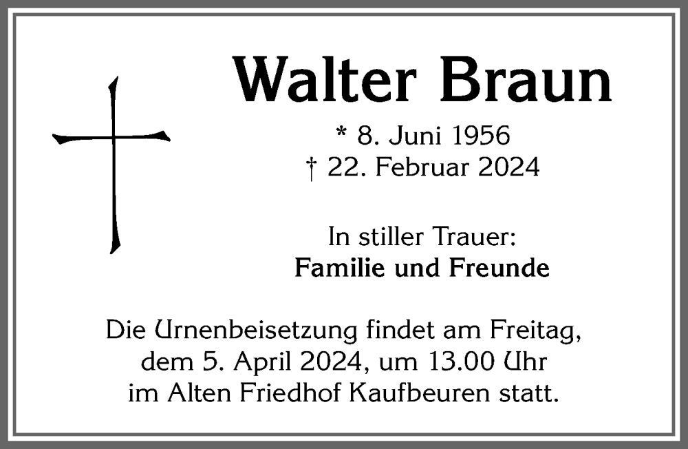 Traueranzeige von Walter Braun von Allgäuer Zeitung, Kaufbeuren/Buchloe