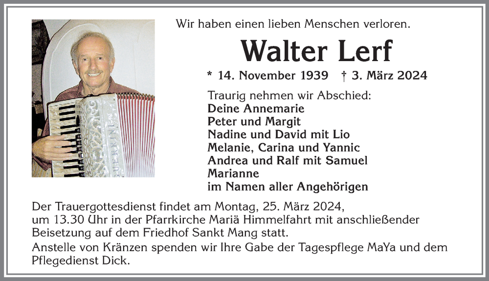 Traueranzeige von Walter Lerf von Allgäuer Zeitung,Kempten