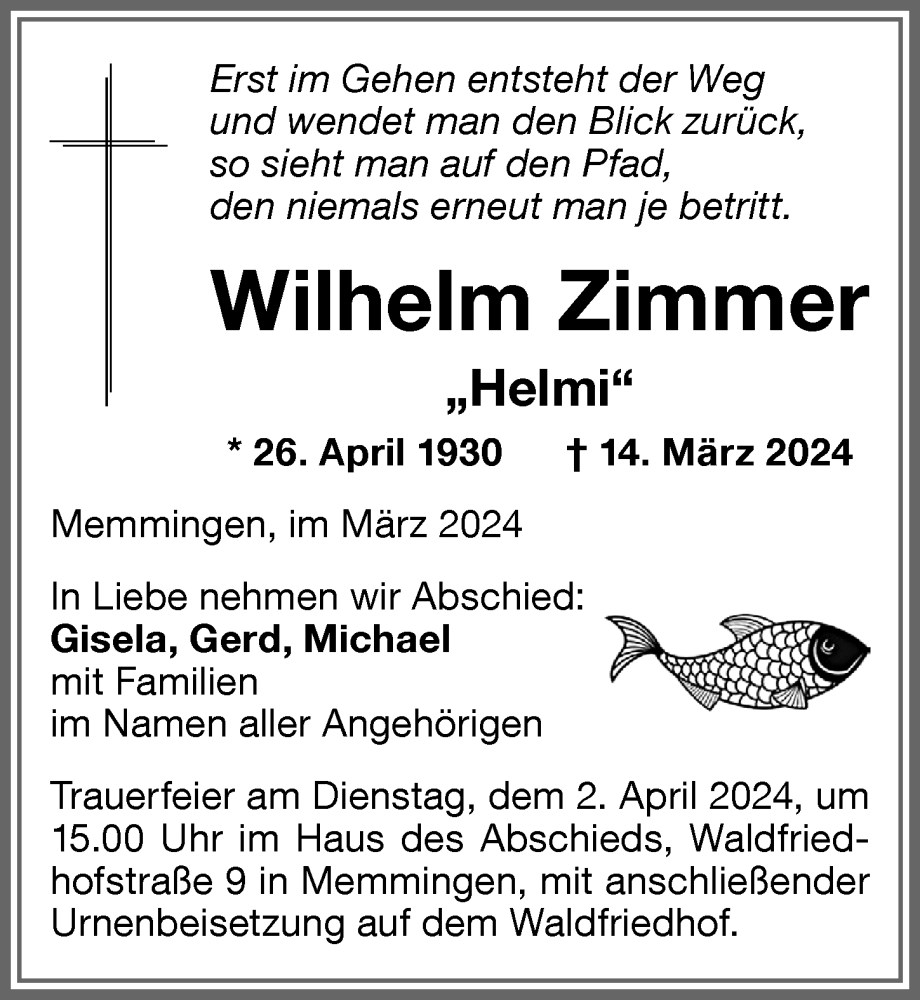 Traueranzeige von Wilhelm Zimmer von Memminger Zeitung