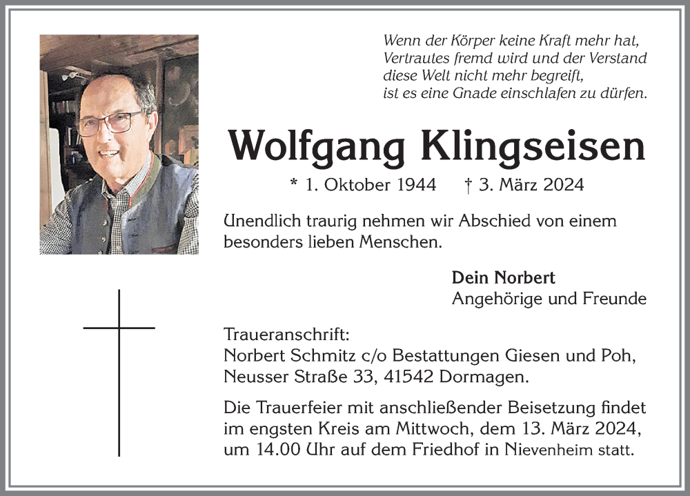 Traueranzeige von Wolfgang Klingseisen von Allgäuer Anzeigeblatt
