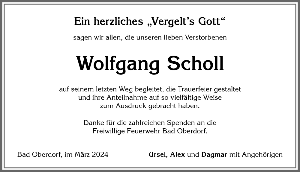 Traueranzeige von Wolfgang Scholl von Allgäuer Anzeigeblatt