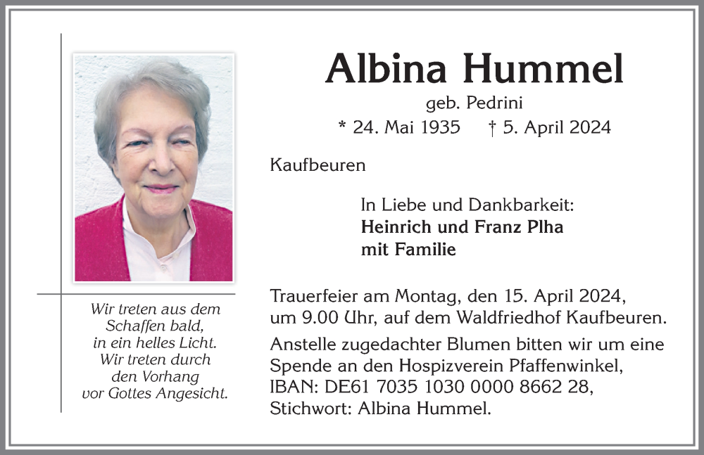 Traueranzeige von Albina Hummel von Allgäuer Zeitung, Kaufbeuren/Buchloe