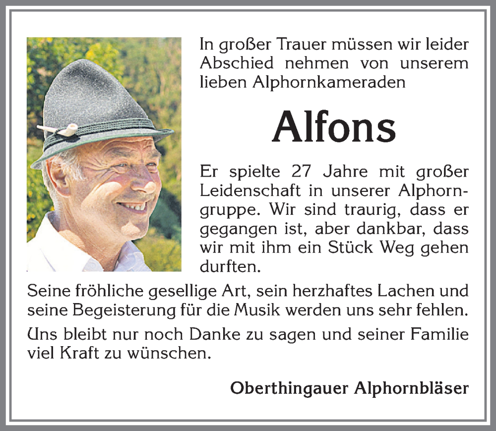 Traueranzeige von Alfons  von Allgäuer Zeitung, Marktoberdorf