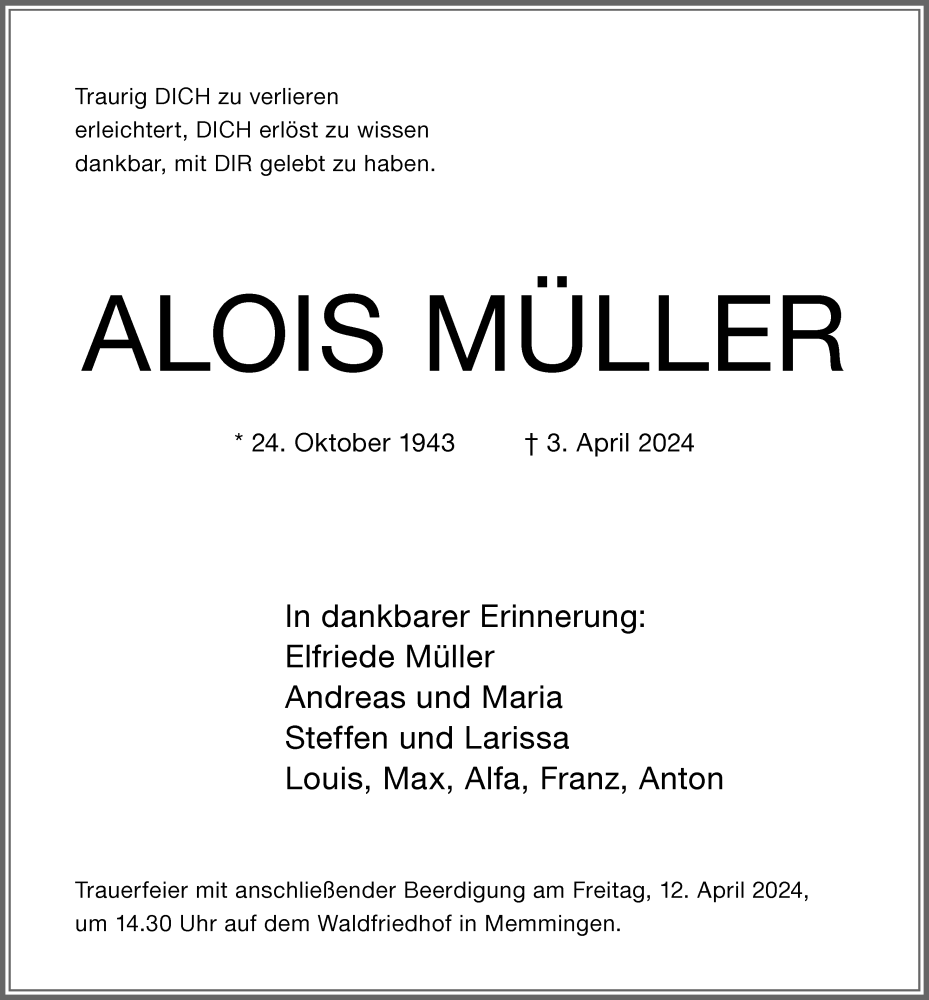 Traueranzeige von Alois Müller von Memminger Zeitung