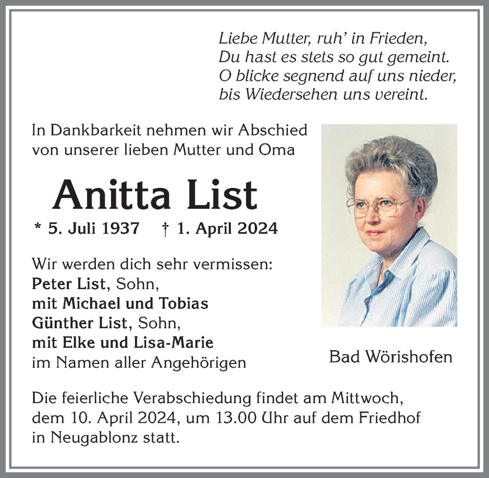 Traueranzeige von Anitta List von Allgäuer Zeitung, Kaufbeuren/Buchloe