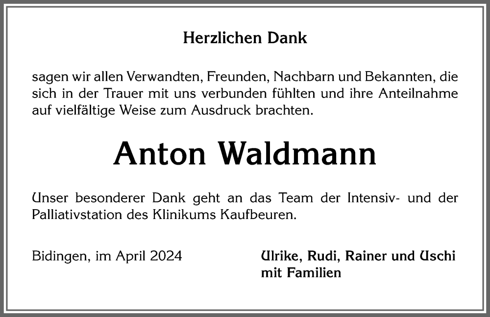 Traueranzeige von Anton Waldmann von Allgäuer Zeitung, Marktoberdorf