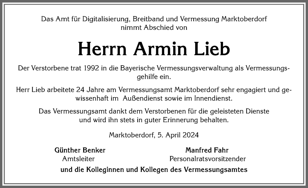 Traueranzeige von Armin Lieb von Allgäuer Zeitung, Kaufbeuren/Buchloe