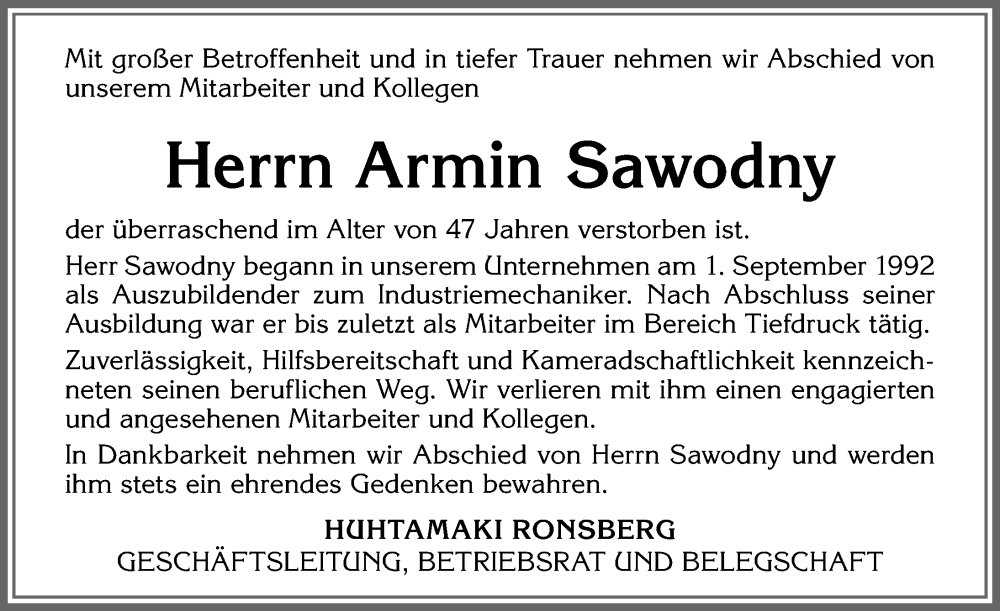 Traueranzeige von Armin Sawodny von Allgäuer Zeitung, Marktoberdorf