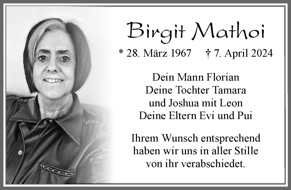 Traueranzeige von Birgit Mathoi von Allgäuer Zeitung,Kempten