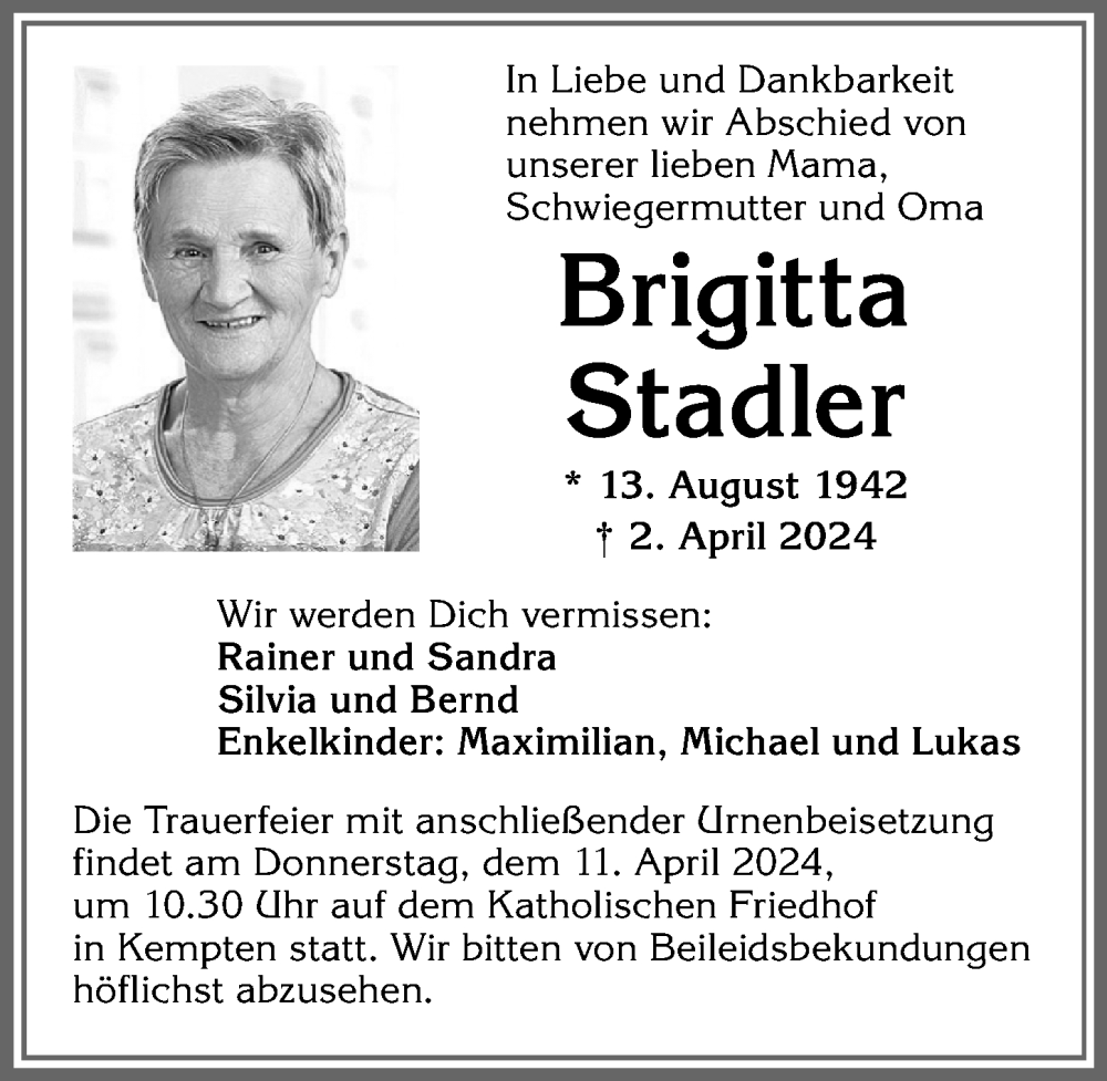 Traueranzeige von Brigitta Stadler von Allgäuer Zeitung,Kempten
