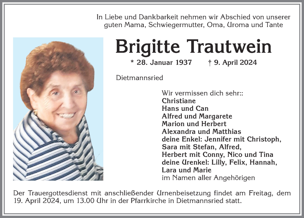 Traueranzeige von Brigitte Trautwein von Allgäuer Zeitung,Kempten