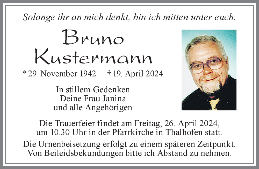 Traueranzeige von Bruno Kustermann von Allgäuer Zeitung, Marktoberdorf