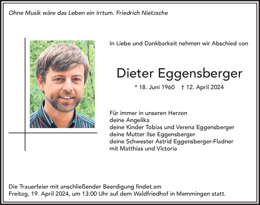 Traueranzeige von Dieter Eggensberger von Memminger Zeitung