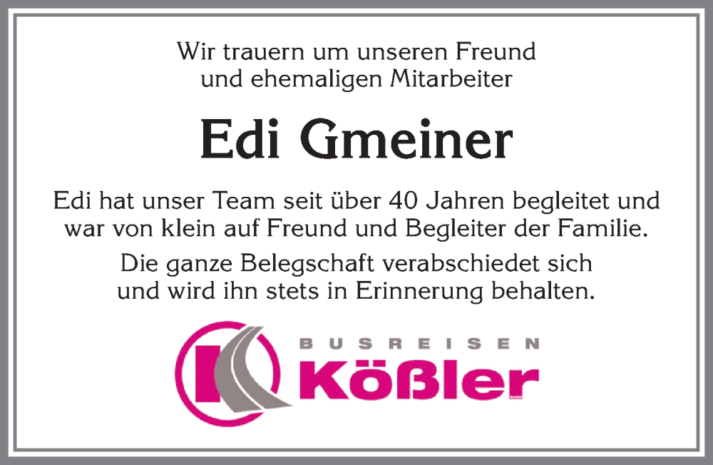 Traueranzeige von Edi Gmeiner von Allgäuer Zeitung, Füssen