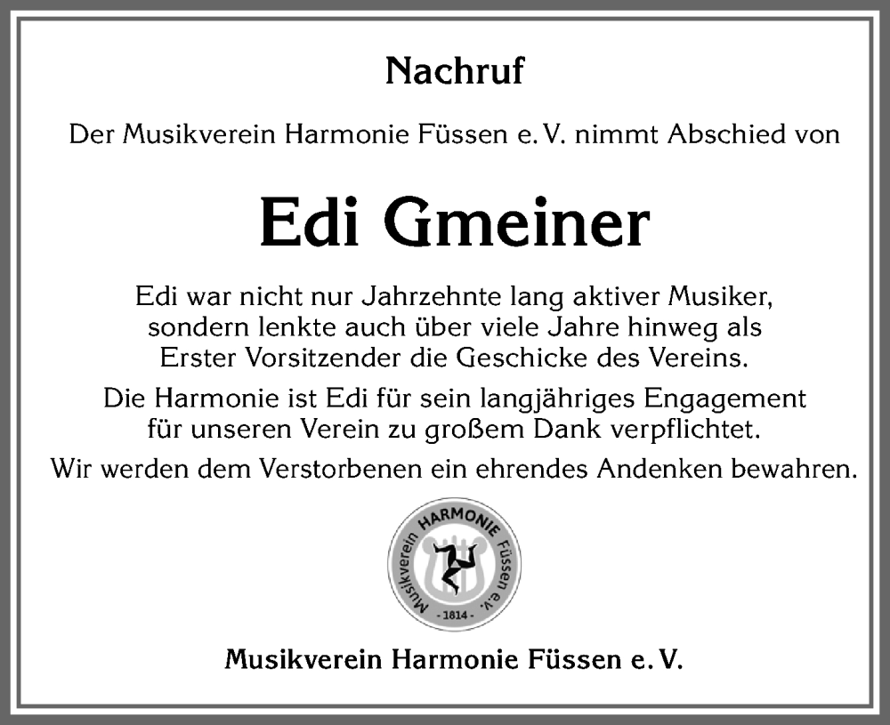 Traueranzeige von Edi Gmeiner von Allgäuer Zeitung, Füssen