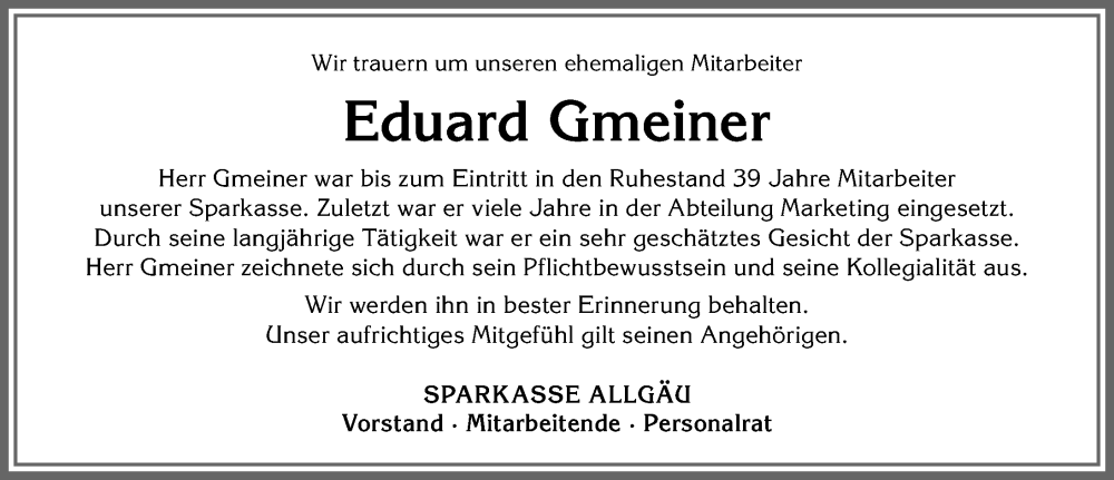 Traueranzeige von Eduard Gmeiner von Allgäuer Zeitung, Füssen