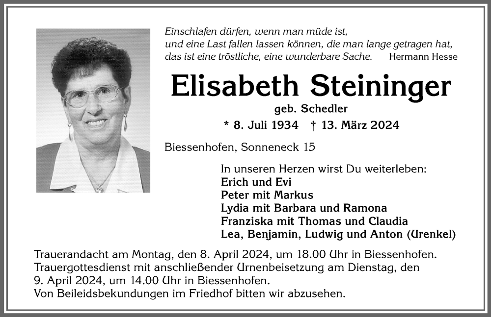 Traueranzeige von Elisabeth Steininger von Allgäuer Zeitung, Kaufbeuren/Buchloe