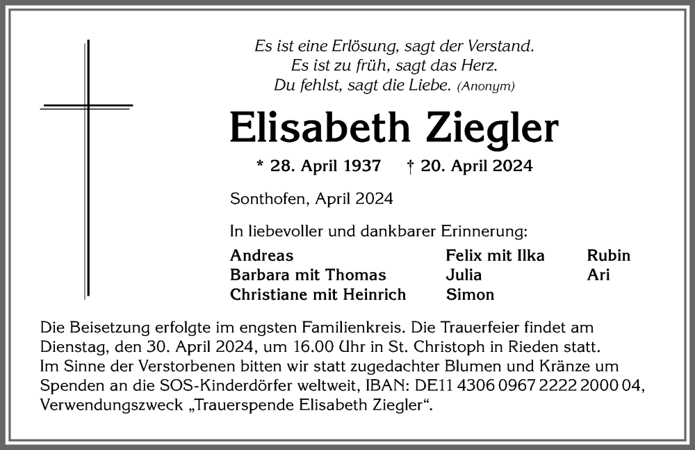 Traueranzeige von Elisabeth Ziegler von Allgäuer Anzeigeblatt