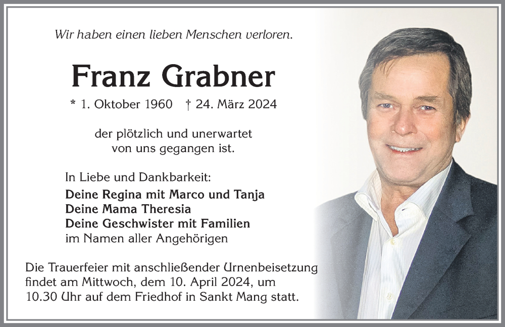 Traueranzeige von Franz Grabner von Allgäuer Zeitung,Kempten