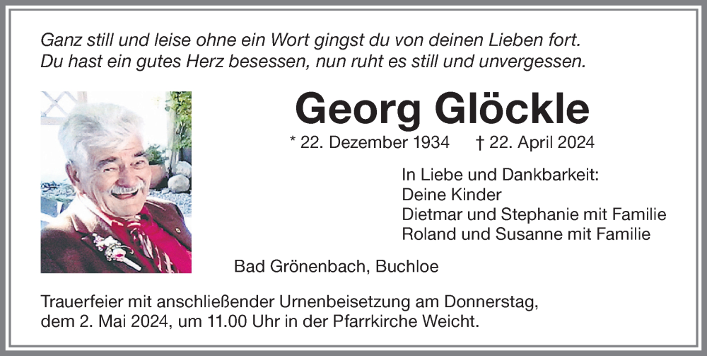 Traueranzeige von Georg Glöckle von Memminger Zeitung