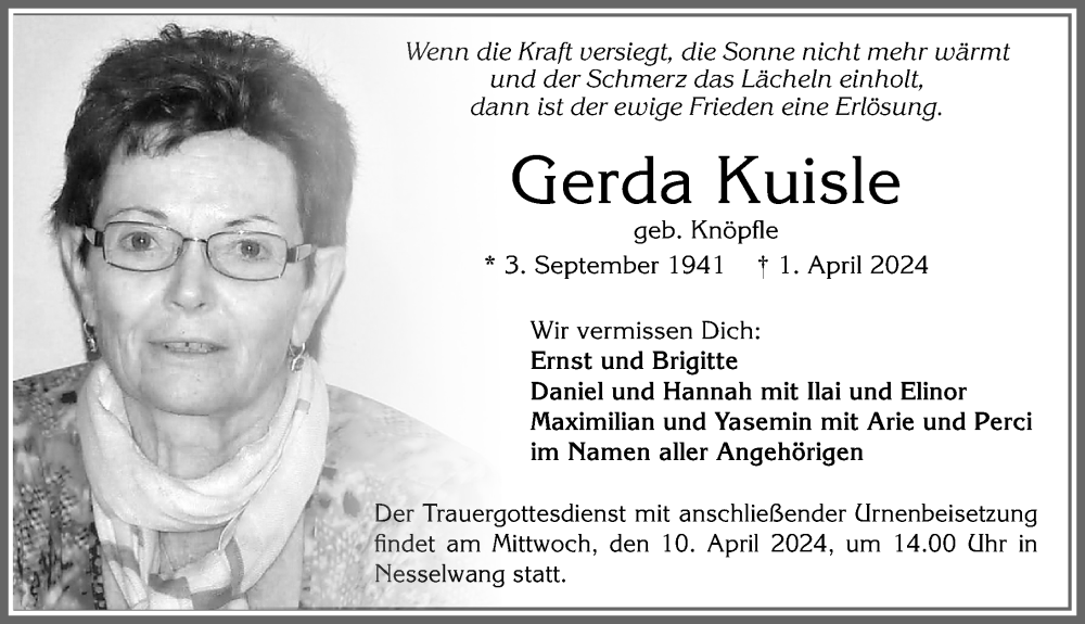 Traueranzeige von Gerda Kuisle von Allgäuer Zeitung, Füssen