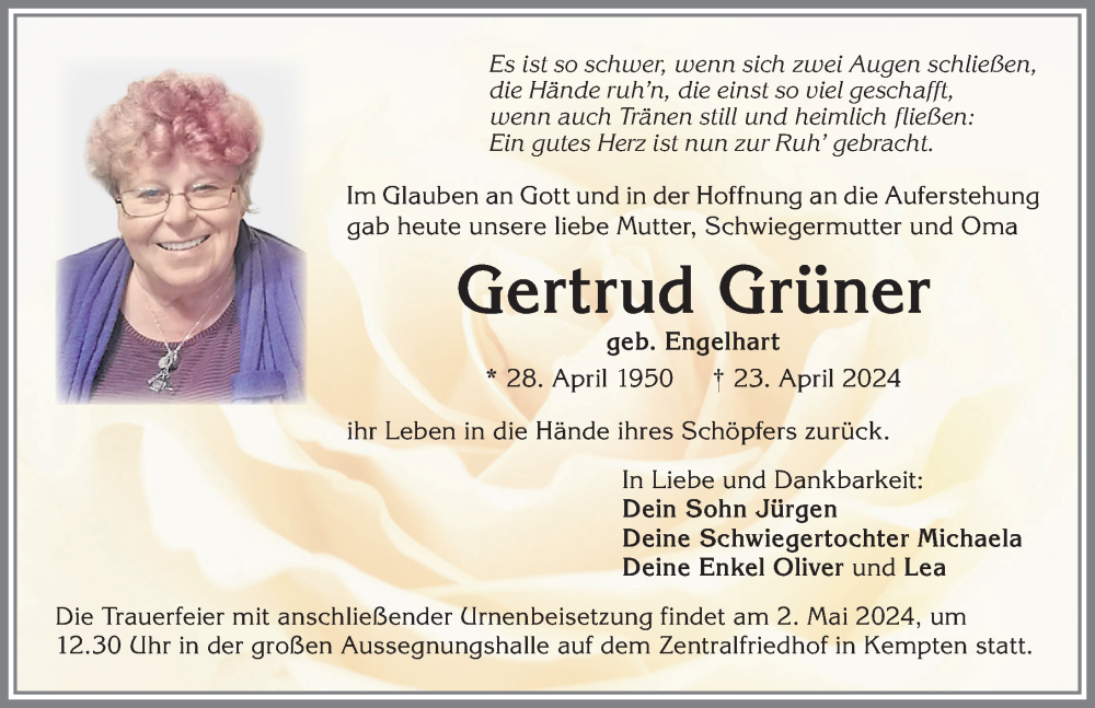 Traueranzeige von Gertrud Grüner von Allgäuer Zeitung,Kempten
