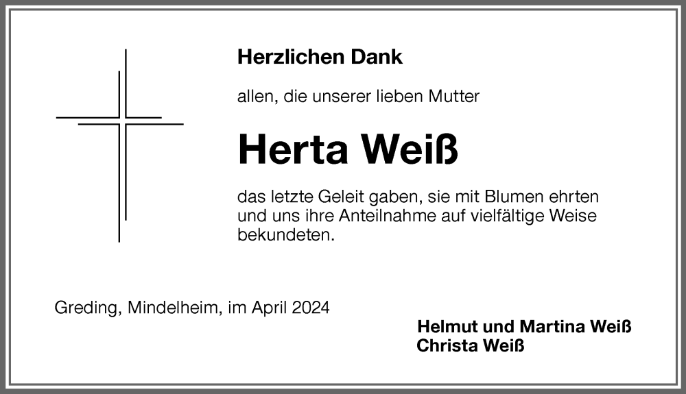 Traueranzeige von Herta Weiß von Memminger Zeitung