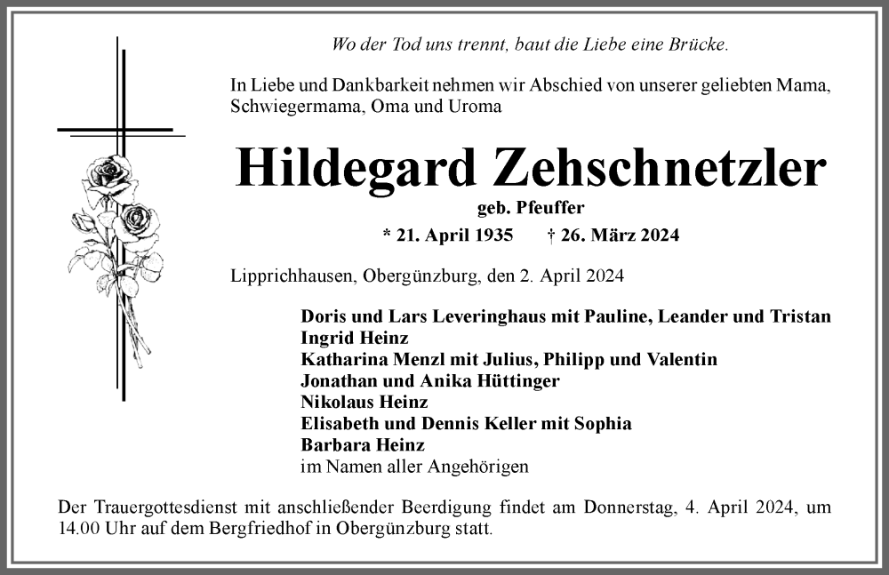 Traueranzeige von Hildegard Zehschnetzler von Allgäuer Zeitung, Marktoberdorf