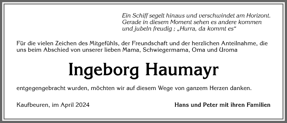 Traueranzeige von Ingeborg Haumayr von Allgäuer Zeitung, Kaufbeuren/Buchloe