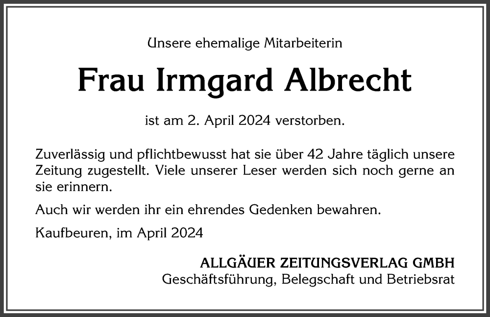 Traueranzeige von Irmgard Albrecht von Allgäuer Zeitung, Kaufbeuren/Buchloe