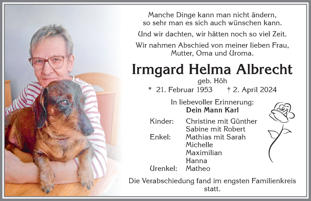 Traueranzeige von Irmgard Helma Albrecht von Allgäuer Zeitung, Kaufbeuren/Buchloe