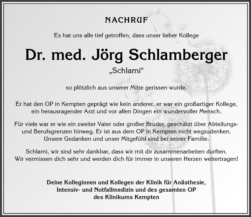 Traueranzeige von Jörg Schlamberger von Allgäuer Zeitung,Kempten