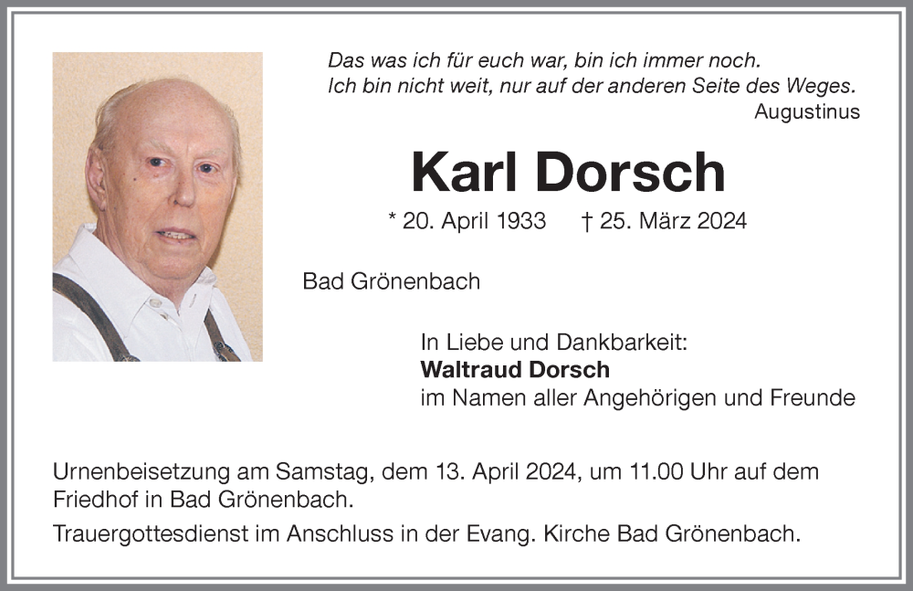 Traueranzeige von Karl Dorsch von Memminger Zeitung