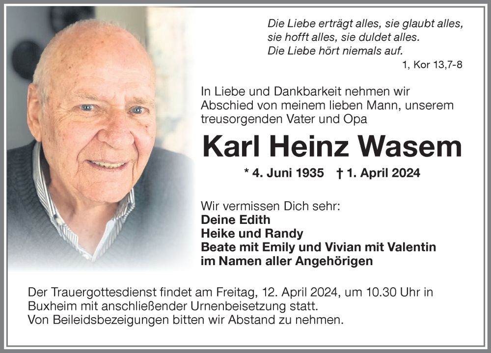 Traueranzeige von Karl Heinz Wasem von Memminger Zeitung