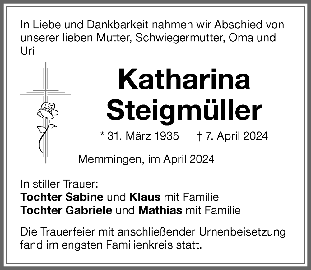 Traueranzeige von Katharina Steigmüller von Memminger Zeitung