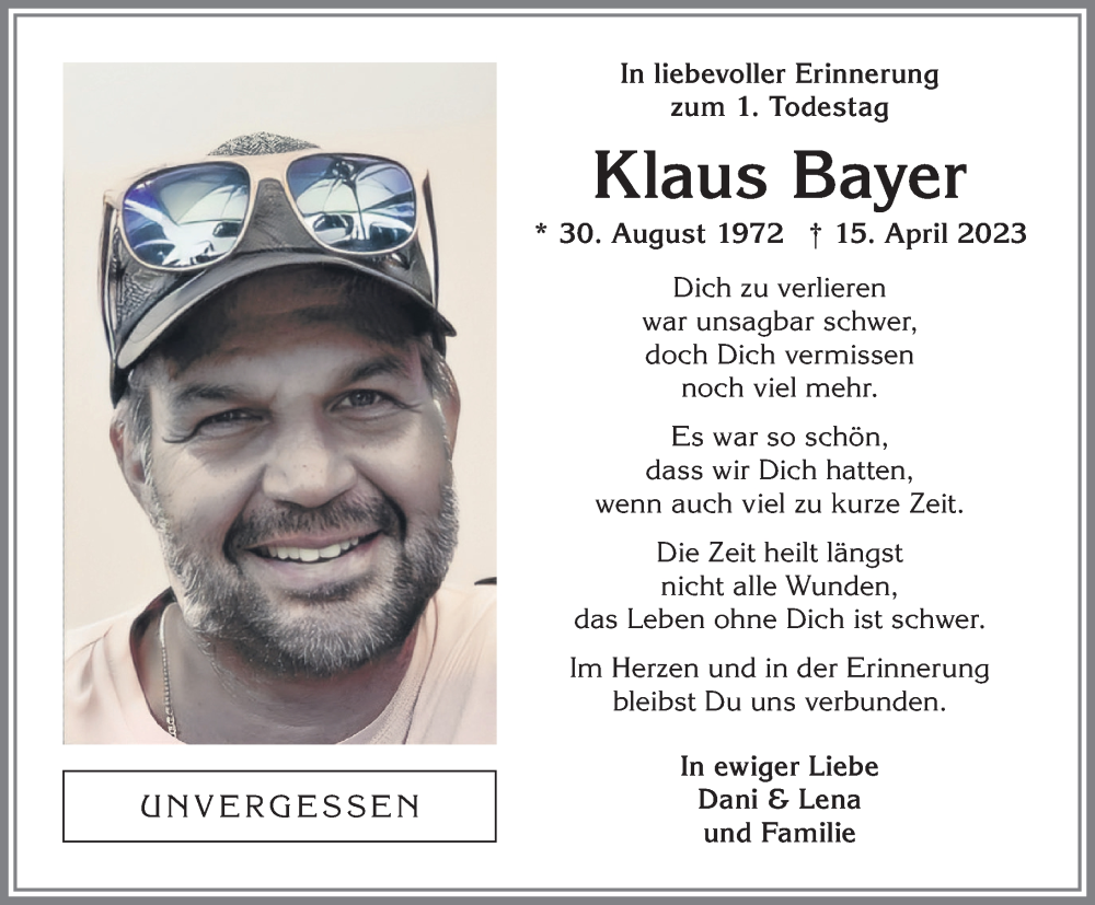 Traueranzeige von Klaus Bayer von Allgäuer Zeitung, Gesamtausgabe