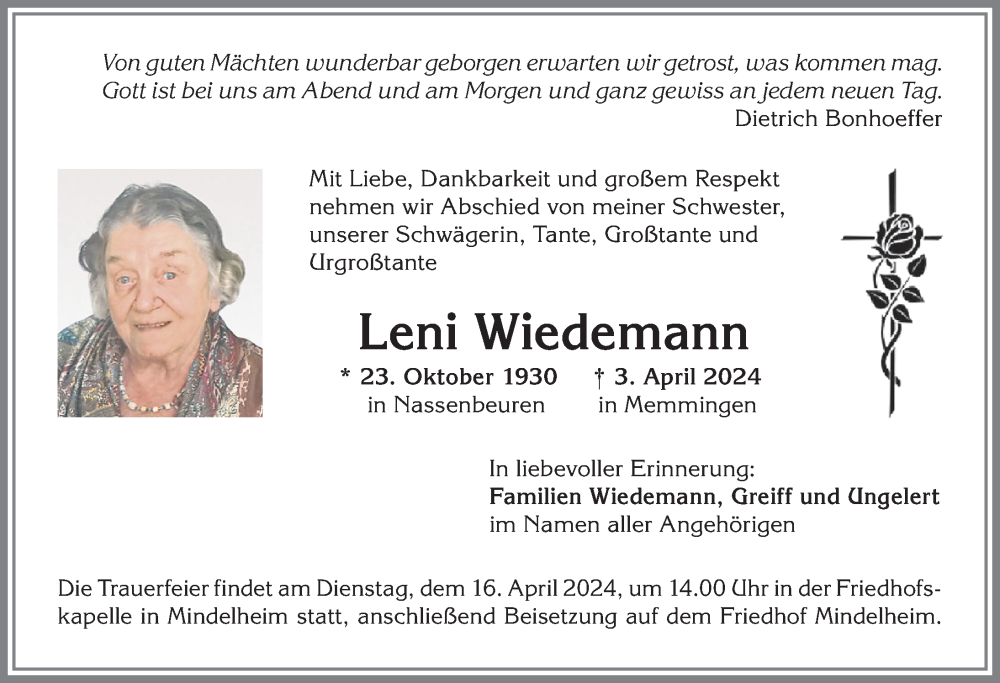 Traueranzeige von Leni Wiedemann von Mindelheimer Zeitung, Augsburger Allgemeine