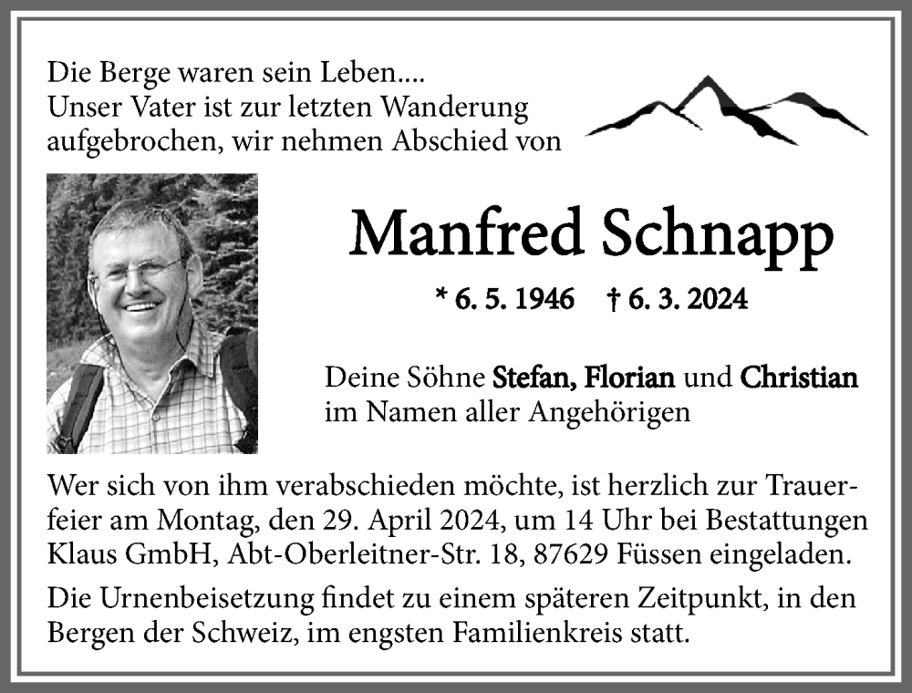 Traueranzeige von Manfred Schnapp von Allgäuer Zeitung, Kaufbeuren/Buchloe