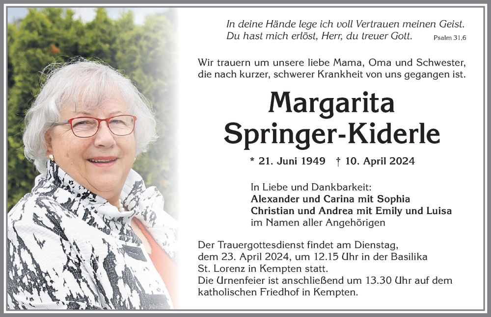 Traueranzeige von Margarita Springer-Kiderle von Allgäuer Zeitung,Kempten