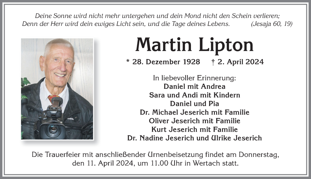 Traueranzeige von Martin Lipton von Allgäuer Anzeigeblatt