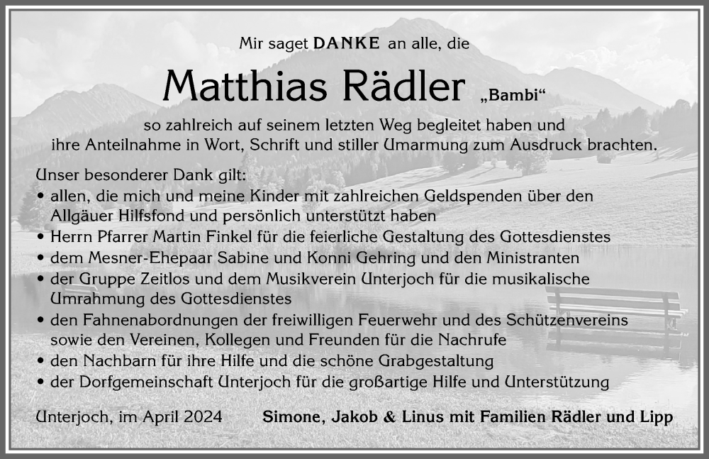 Traueranzeige von Matthias Rädler von Allgäuer Anzeigeblatt