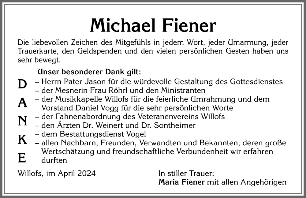 Traueranzeige von Michael Fiener von Allgäuer Zeitung, Marktoberdorf