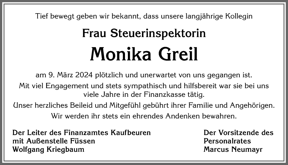  Traueranzeige für Monika Greil vom 04.04.2024 aus Allgäuer Zeitung, Kaufbeuren/Buchloe