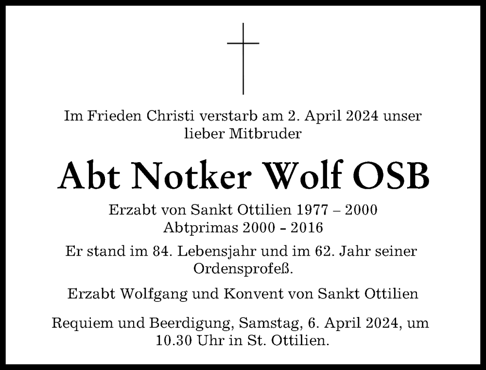 Traueranzeige für Notker Wolf vom 04.04.2024 aus Augsburger Allgemeine, Landsberger Tagblatt