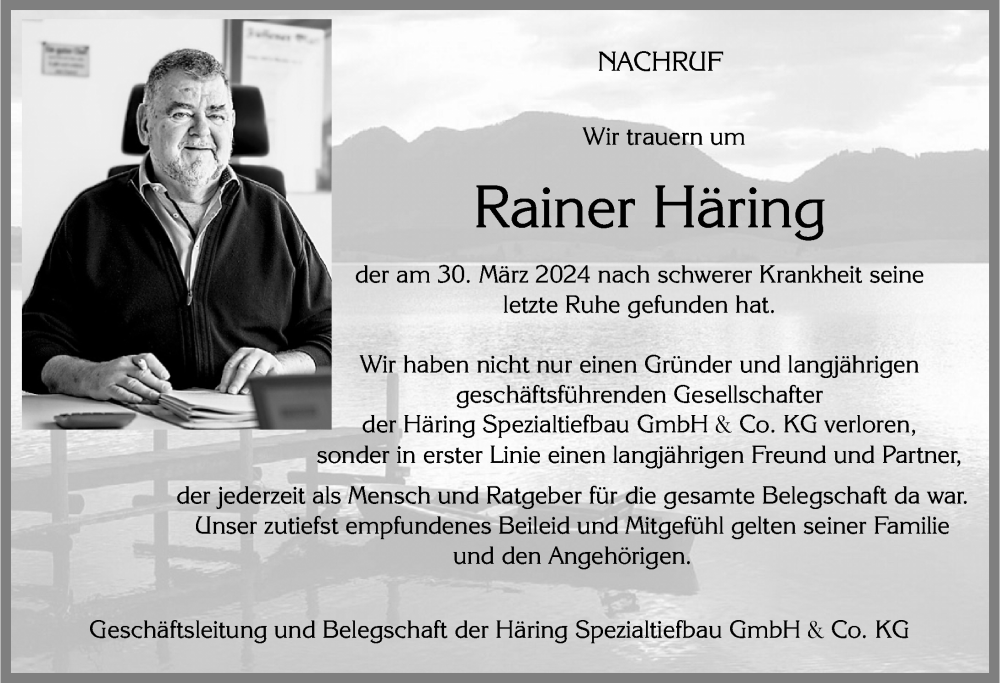 Traueranzeige von Rainer Häring von Allgäuer Zeitung, Füssen